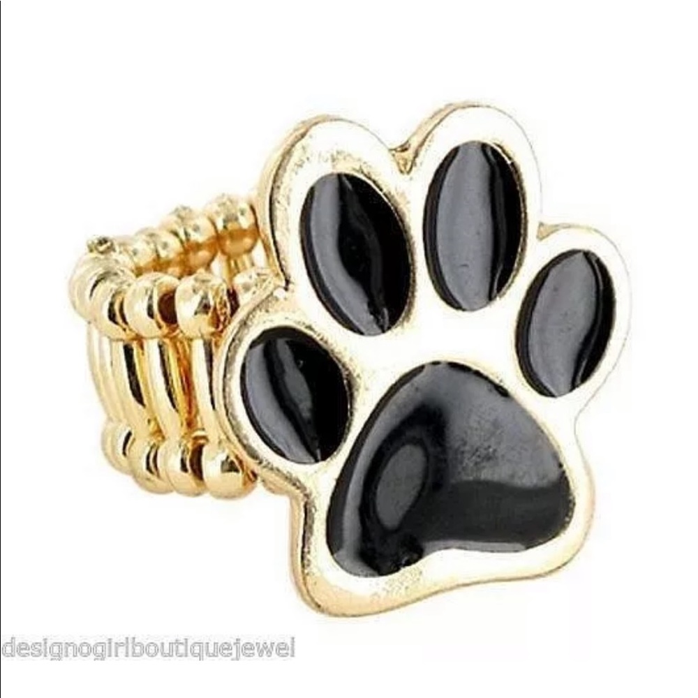 Black Paw Print Ring Dog Cat Gold-tone Stretch Pet